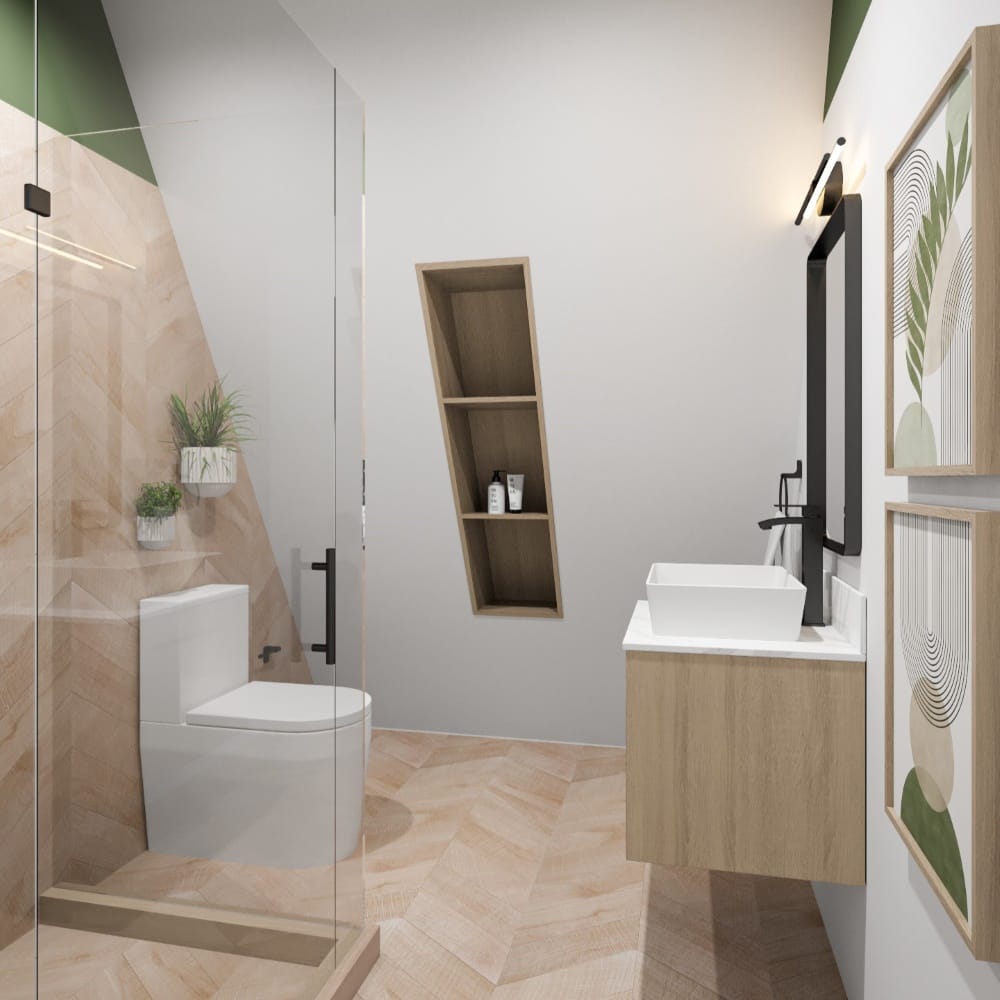 A-frame cabin interior with a green bathroom by Decorilla