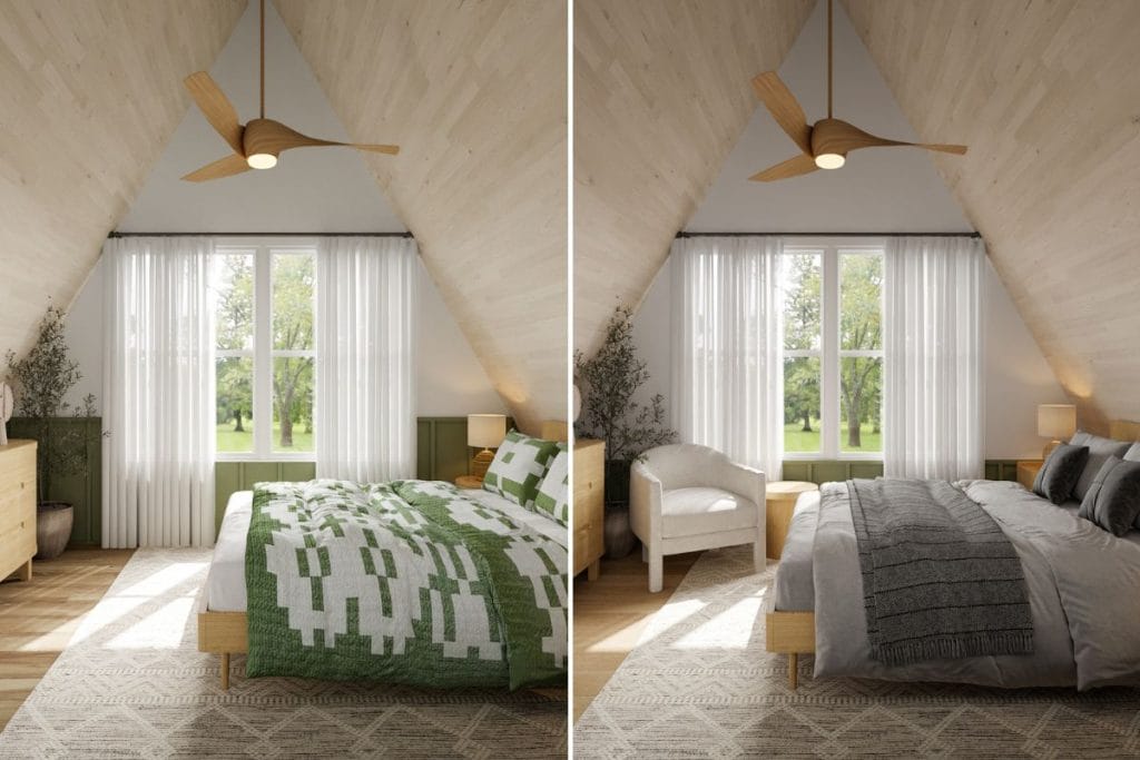 Bedroom design alternatives inside the A-frame cabin by Decorilla