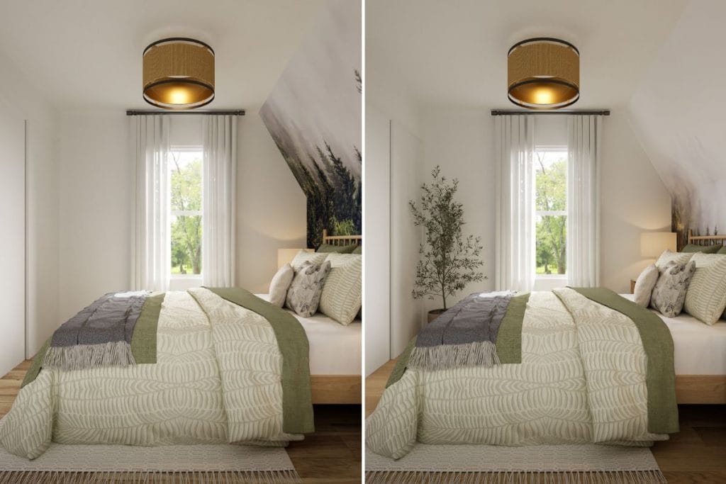 Bedroom design alternatives inside the A-frame cabin interior by Decorilla