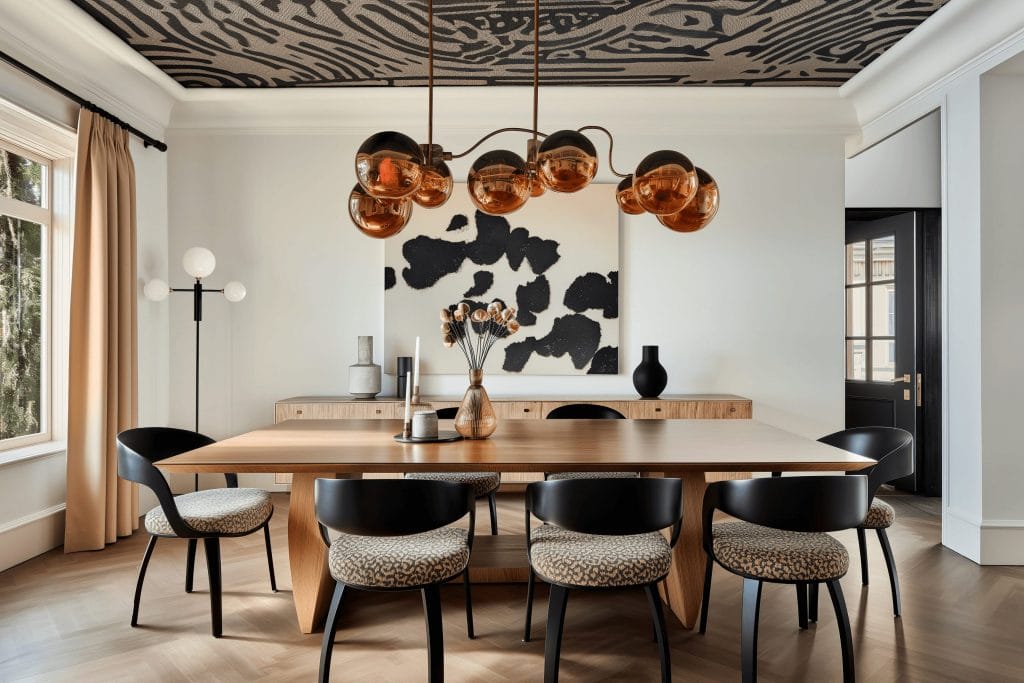 Dining room celebrating timeless appeal of hardwood, 2024 flooring trend designed by Decorilla