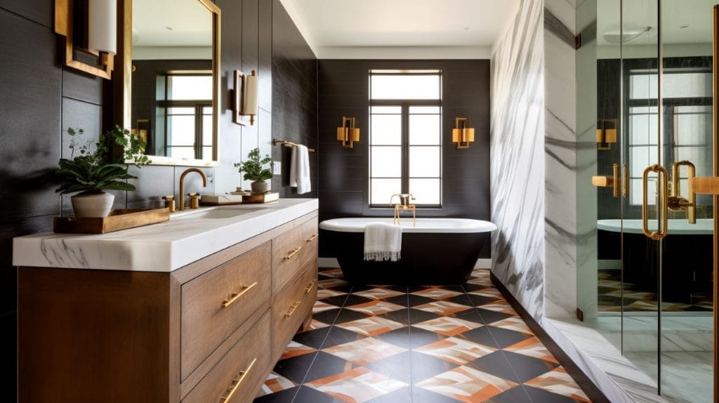 Elegant storage solutions in a bold bathroom by Decorilla