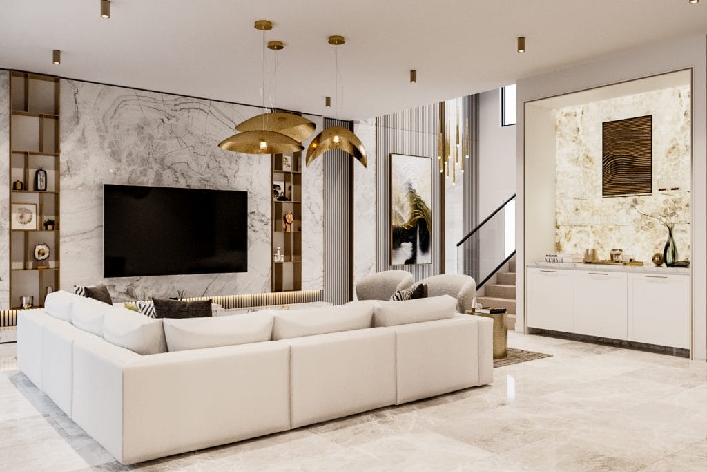 Elegant white new construction living room interior design by Decorilla