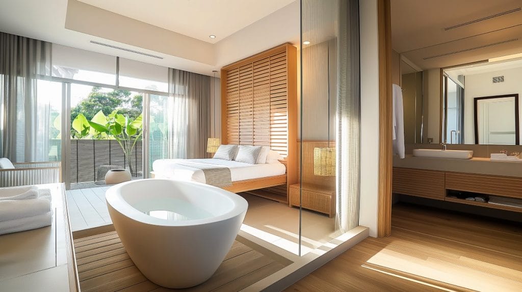 En-suite bedroom with a freestanding bedroom tub by Decorilla