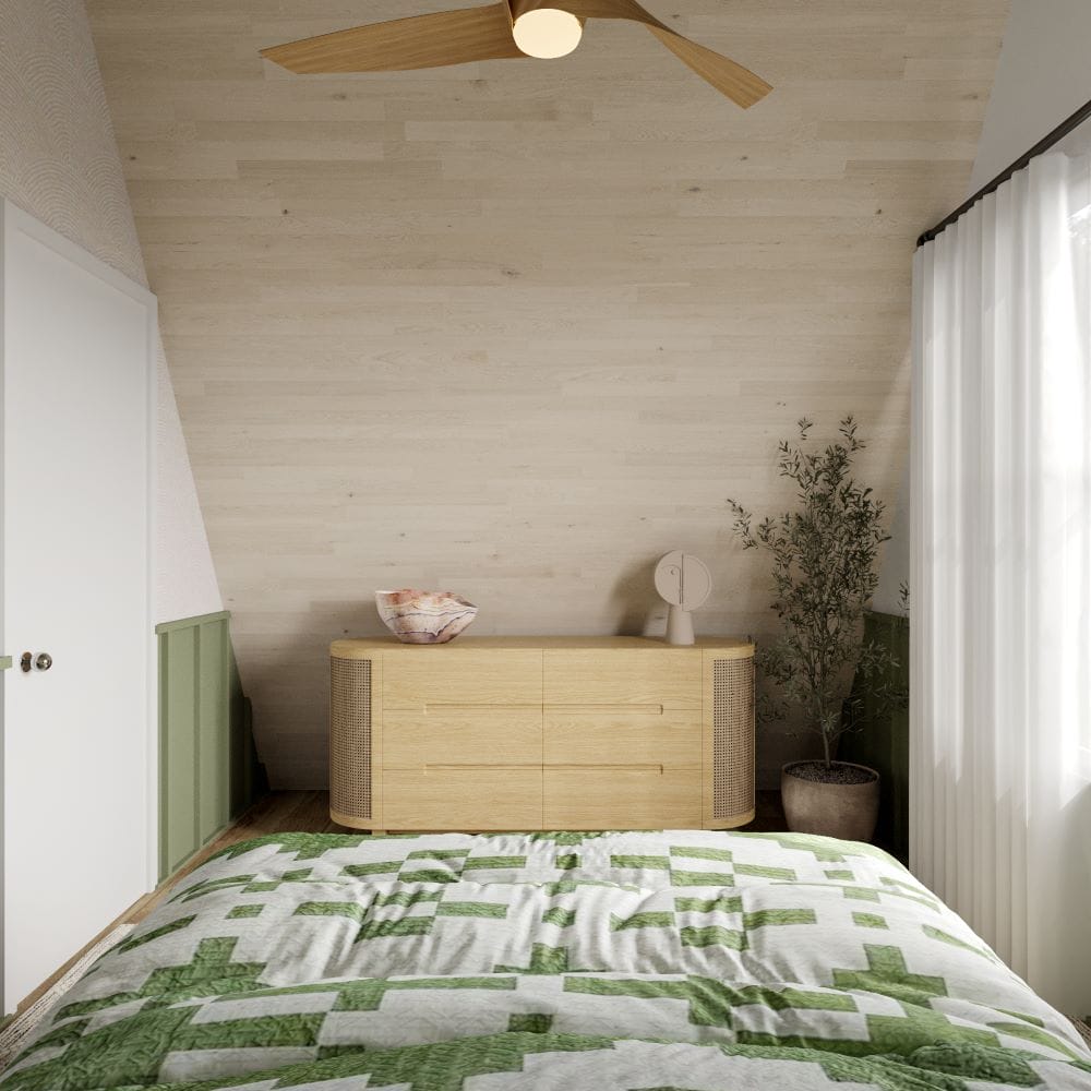 Functional bedroom design in the A-frame cabin interior by Decorilla