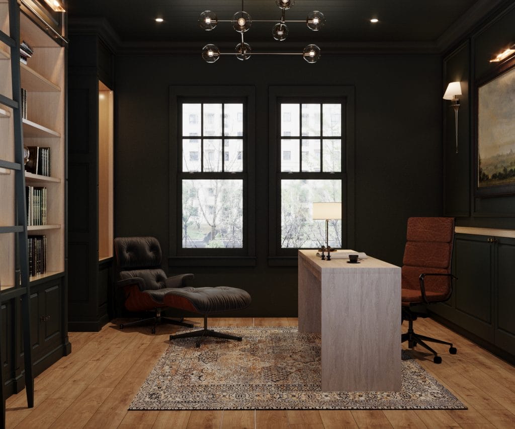 Functional layout with dark green home office walls, by Decorilla