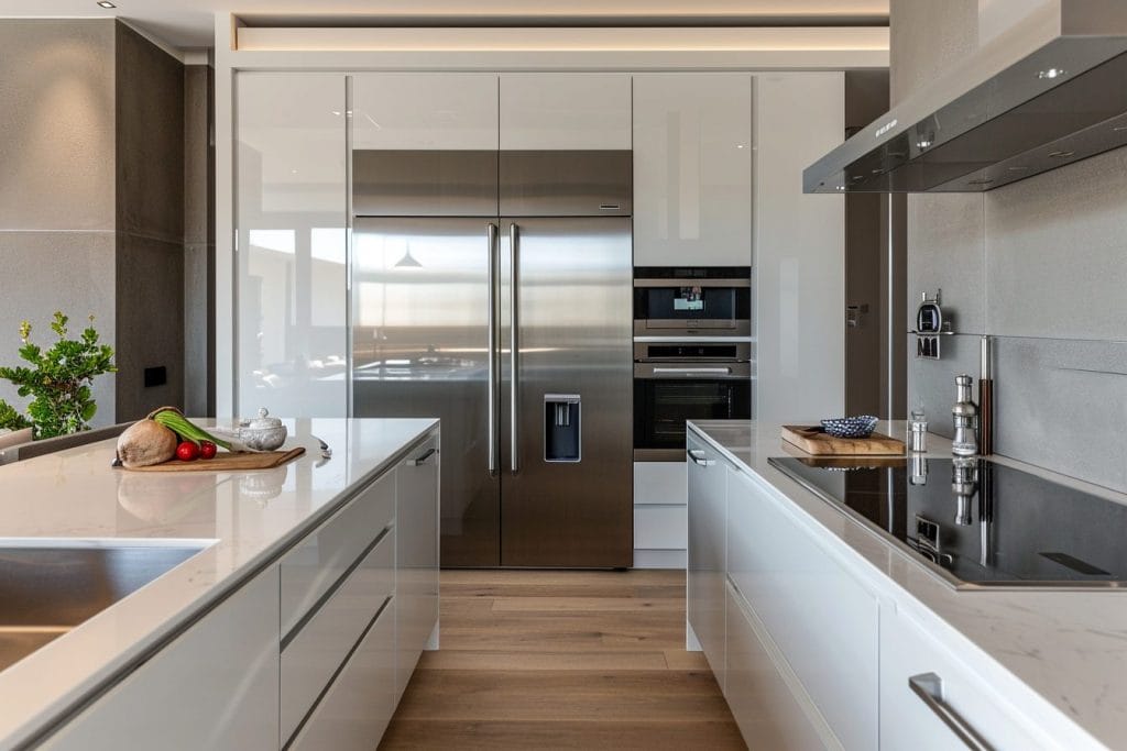 high gloss cabinets in a galley kitchen by Decorilla