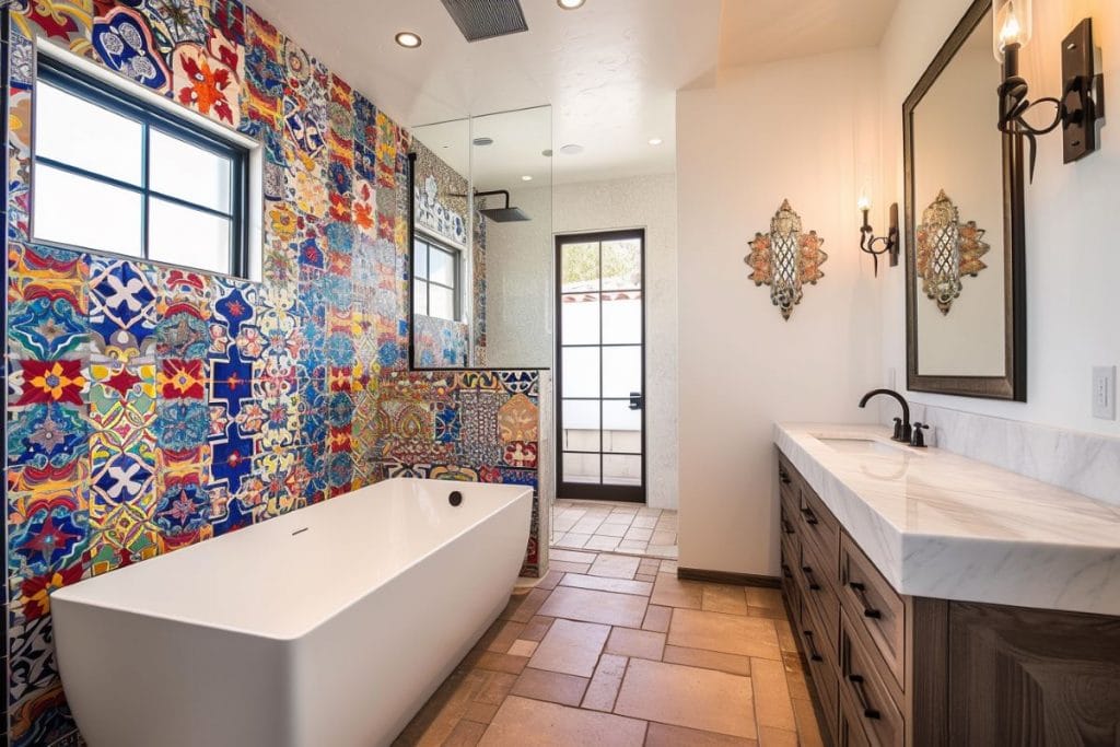 Interior design guidelines utilizing contrasts in an eclectic bathroom by Decorilla