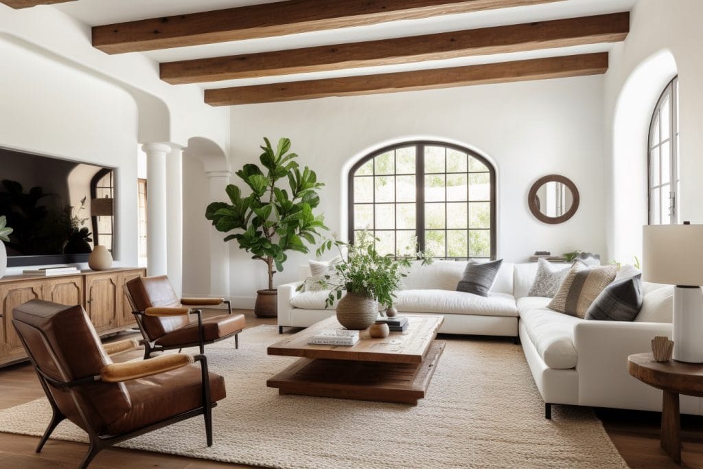Living room oozing character in every ceiling beam, design by Decorilla
