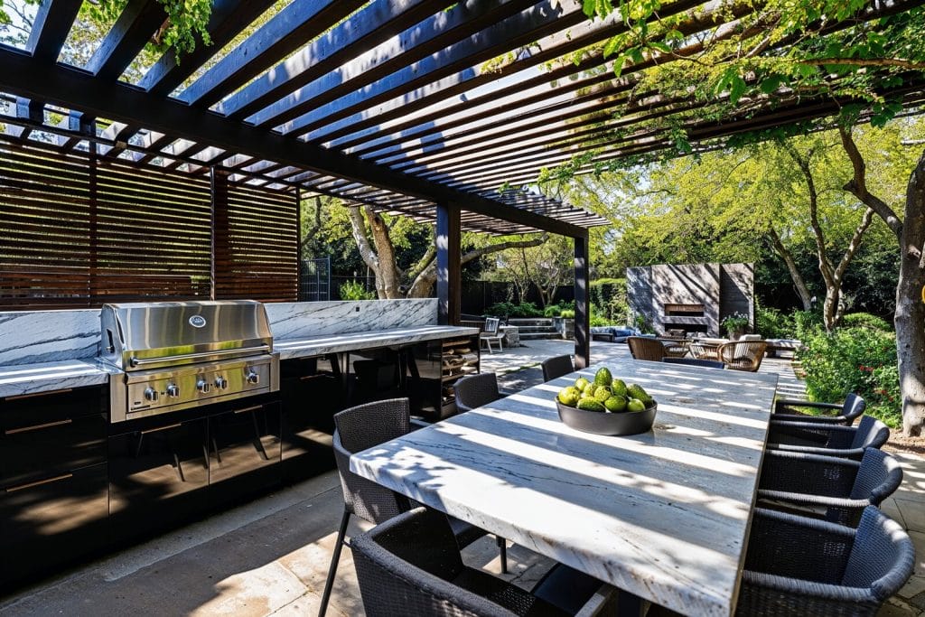 Luxury outdoor kitchen and dining by Decorilla online patio design
