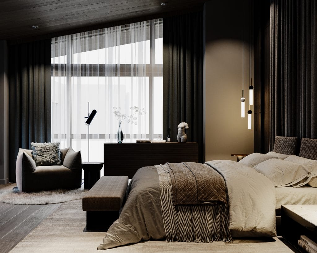 Moody room design enhancing dreamy nights in a bedroom by Decorilla