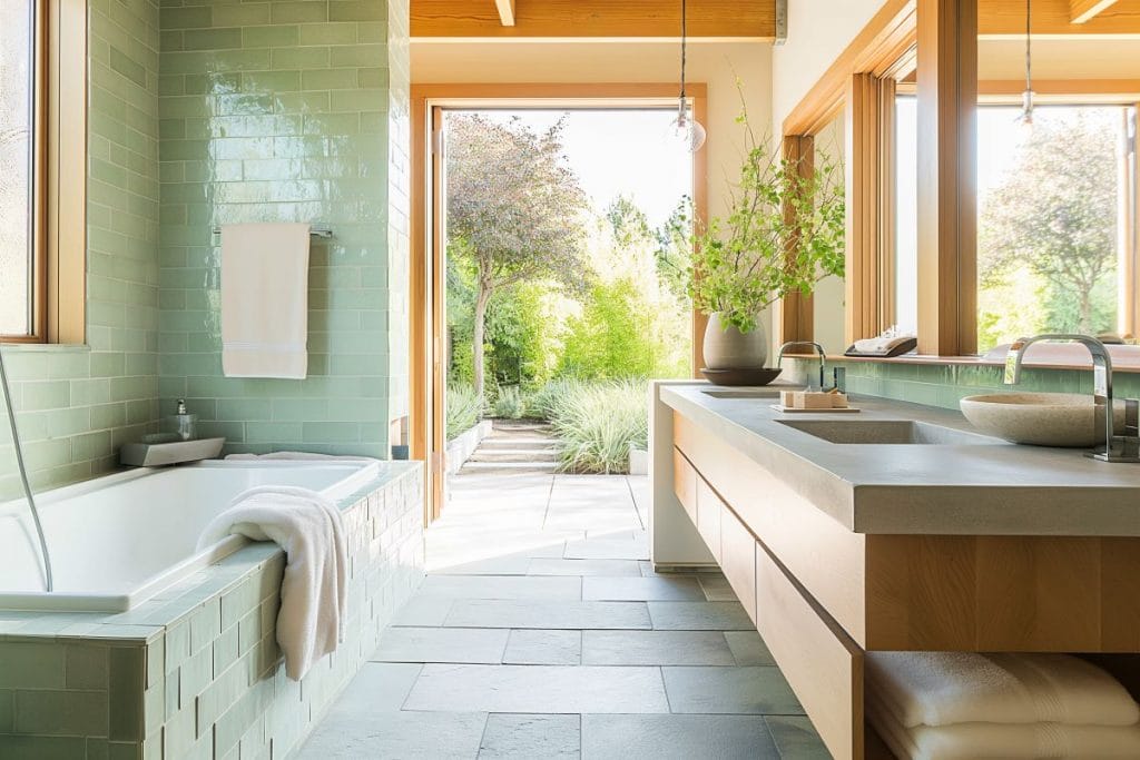 Open-concept bathroom design bringing the outdoors in, by Decorilla