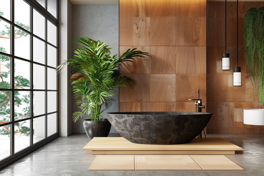 Open concept master bathroom with a statement bathtub by Decorilla