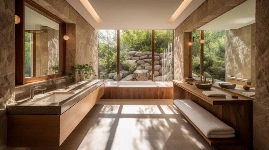 Open floor plan bathroom with a garden view, by Decorilla