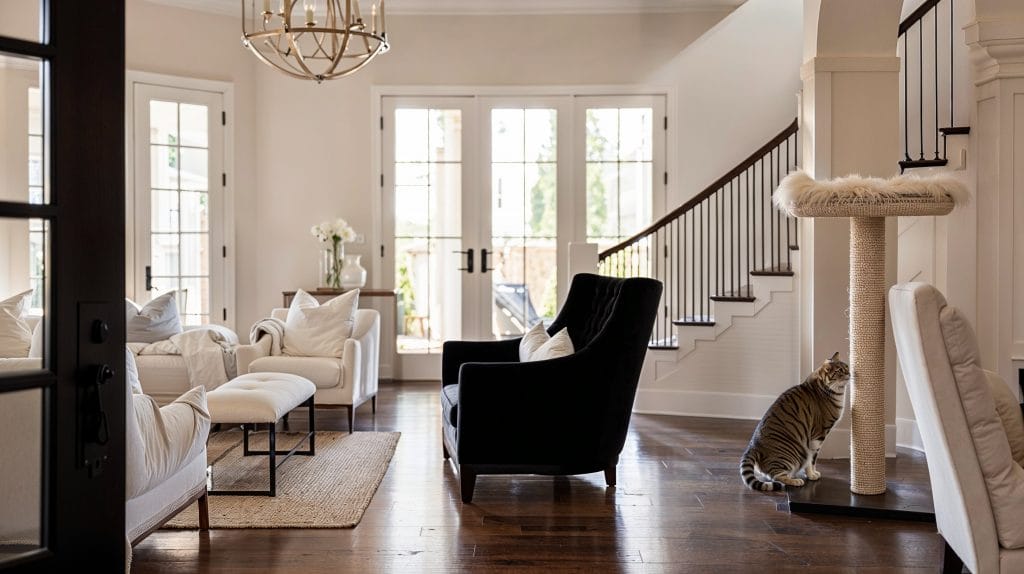 Pet-friendly home interior design integrating a stylish scratch post, by Decorilla