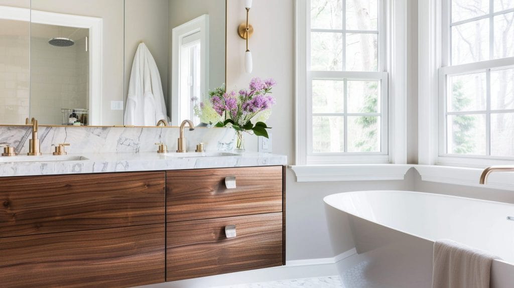 Premium materials exuding quiet luxury in an bathroom by Decorilla