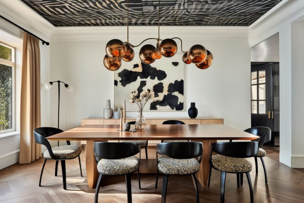 Quiet luxury in a minimalist layout with statement lighting, dining room by Decorilla