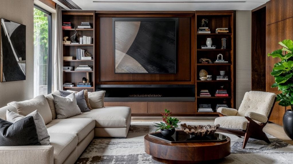 Quiet luxury style emphasizing natural materials in a living room by Decorilla