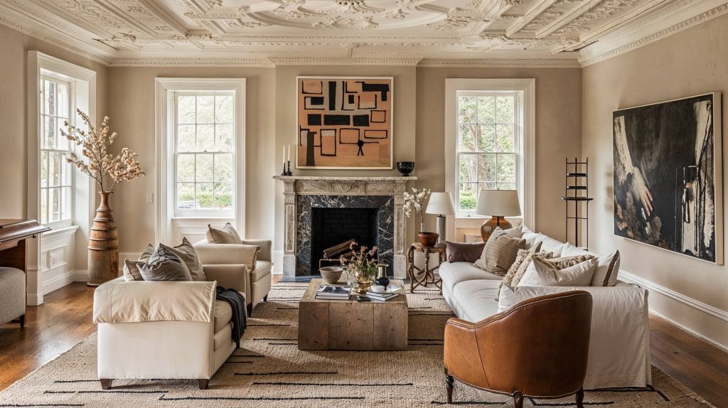 Sculptural finesse with plaster ceiling design in a living room by Decorilla