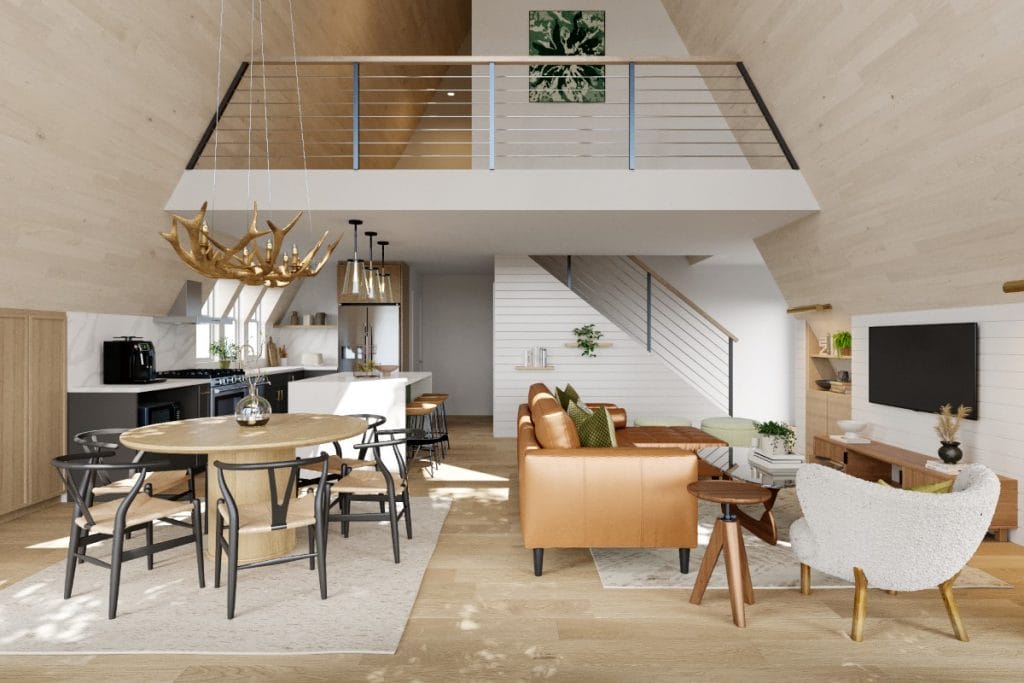 Serene, nature inspired A-frame cabin interior design by Decorilla