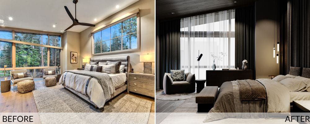 Serenity meets moody interior elegance in the bedroom by Decorilla