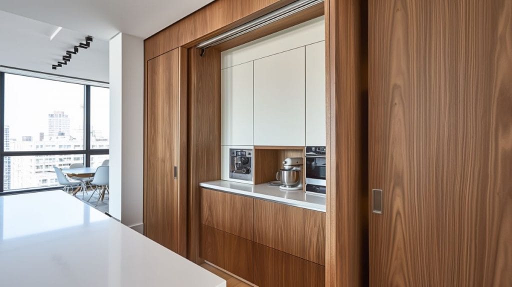 Sliding appliance garage door in a streamlined kitchen by Decorilla