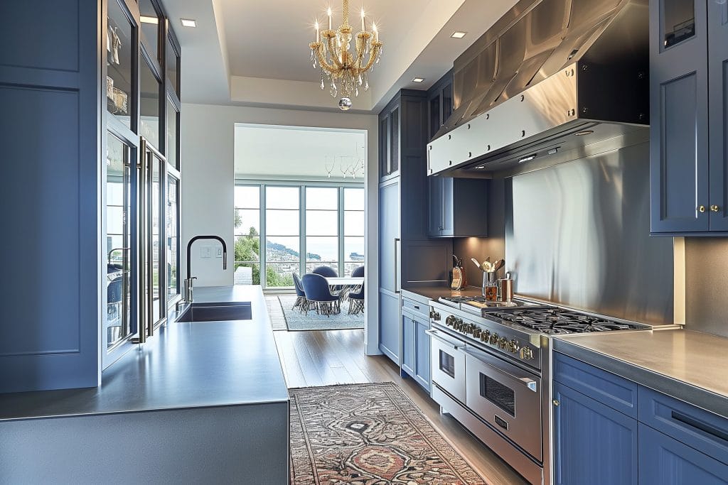 Timeless blue galley kitchen remodel by Decorilla