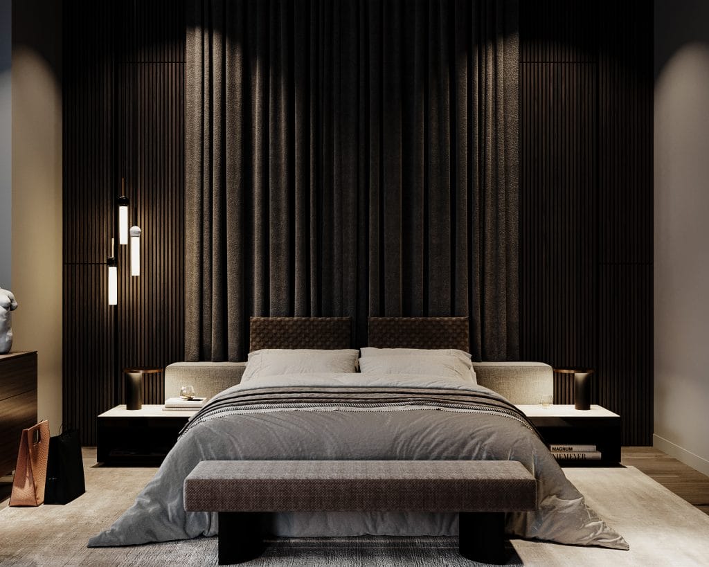 Tranquility with moody style decor in the bedroom by Decorilla