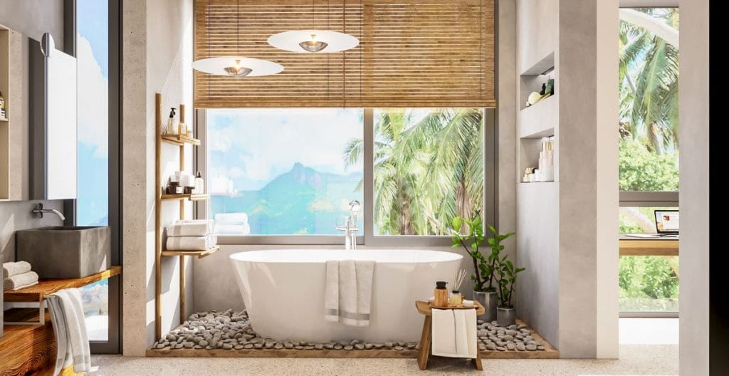 Wall-mounted ladder for sleek organic bathroom styling by Decorilla