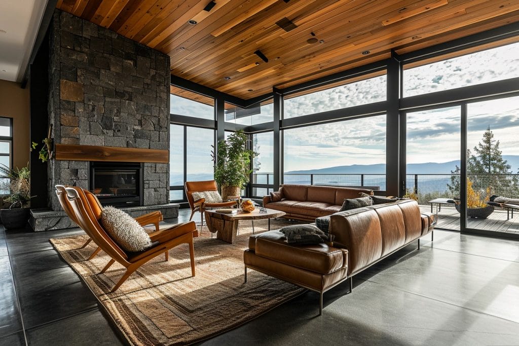 Wooden ceiling design warming up a living room by Decorilla