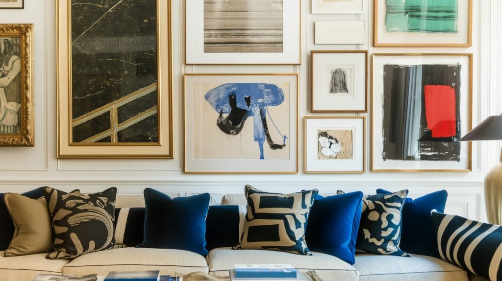 Art in interior design unified by frame color, a gallery wall by Decorilla