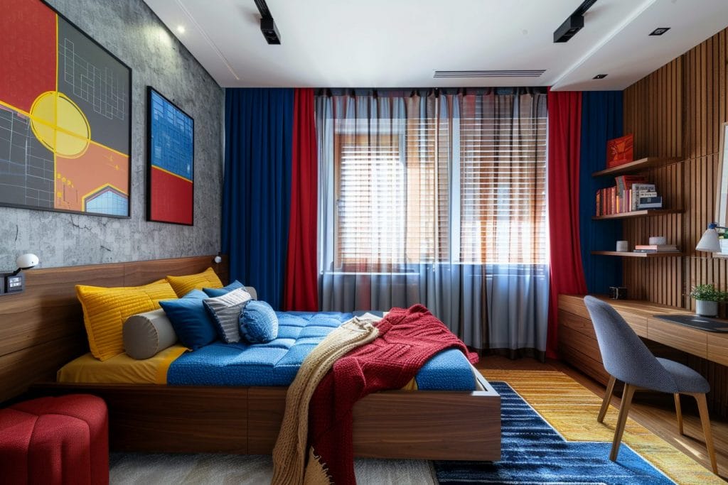 Color blocking with decor and accessories in a bedroom by Decorilla