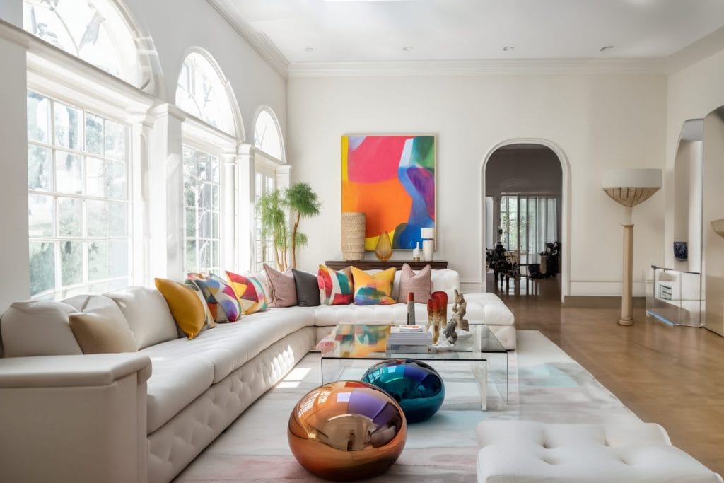 Colorful art installation in a living room by Decorilla