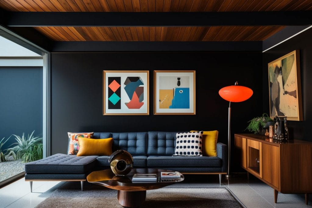 Different cheerful types of art in a mid-century living room by Decorilla