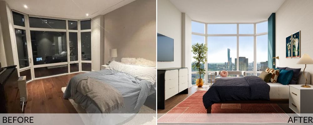 Eclectic apartment bedroom design before and after by Decorilla