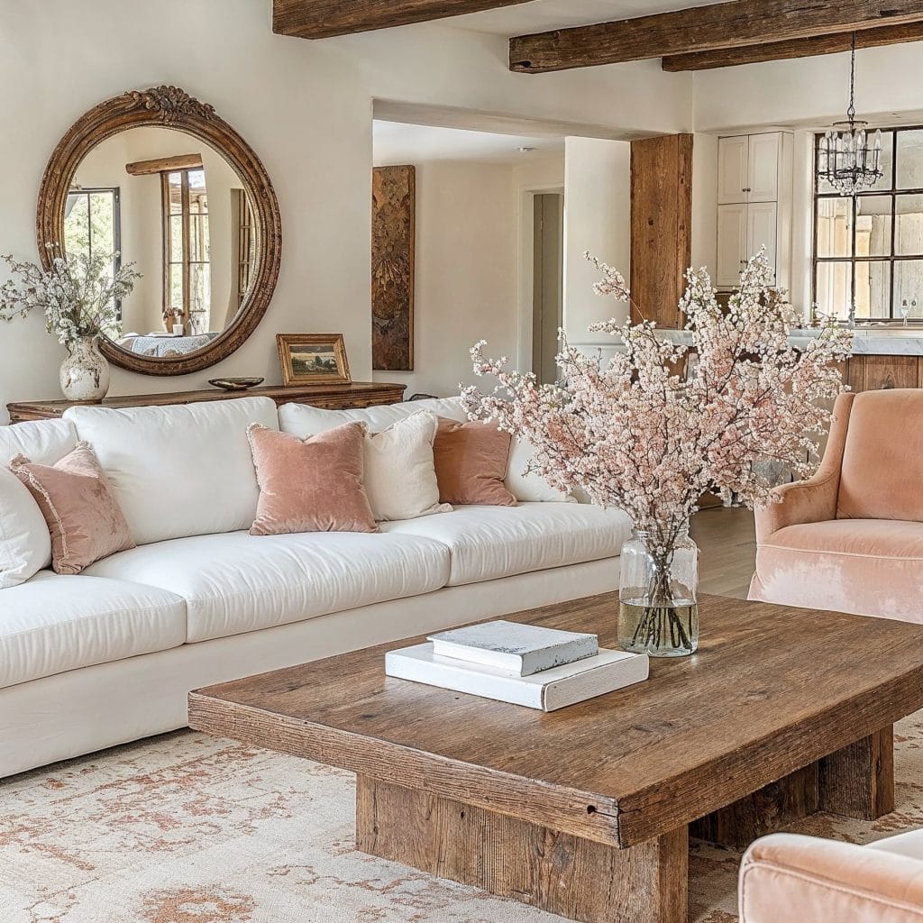 Feminine rustic living room interior by Decorilla