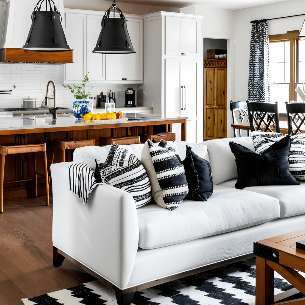 Industrial rustic open plan living room and kitchen, by Decorilla