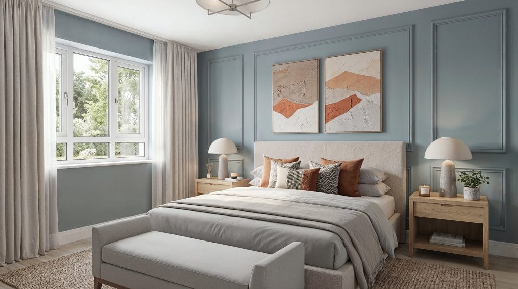 Primary bedroom ideas by Decorilla with a calm palette and molding
