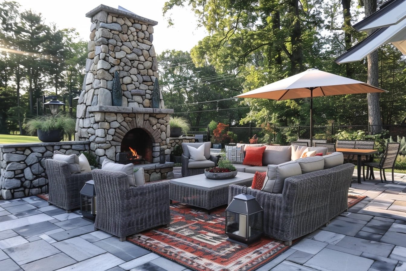 Rustic patio trends 2024 with a fireplace