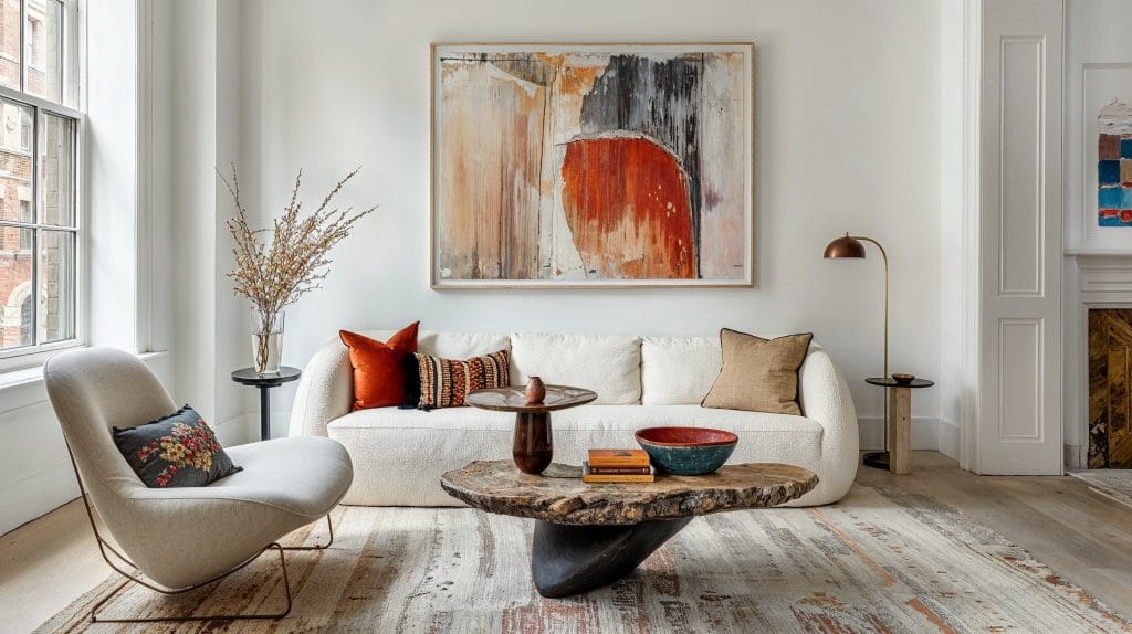 Rustical small city apartment living room with strong pops of color, by Decorilla