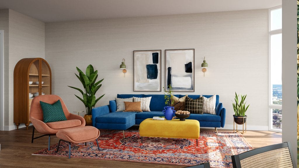 Tailored eclectic apartment living room with curated furnishing by Decorilla.