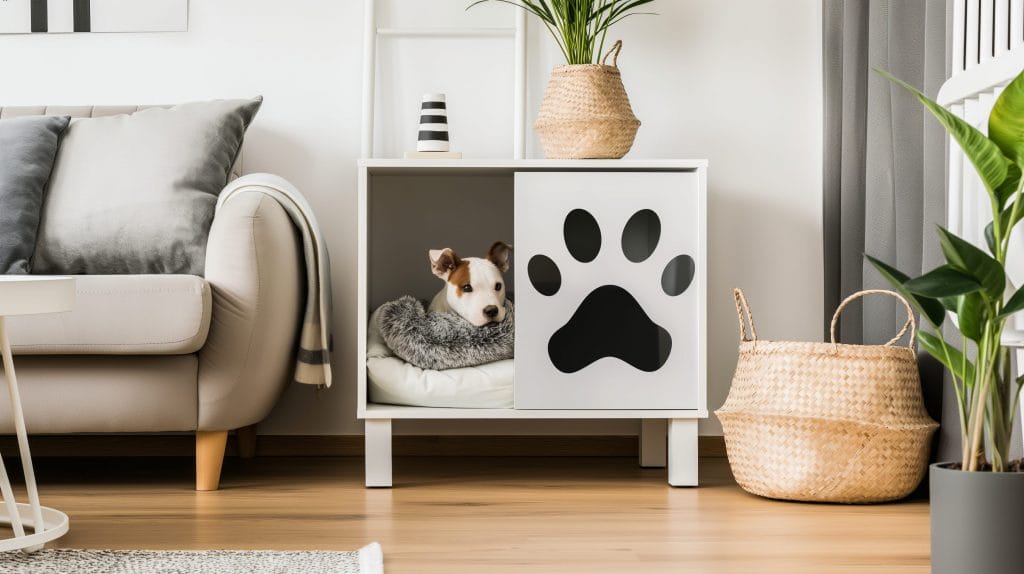 Custom side table doubling as a pet bed in a living room by Decorilla