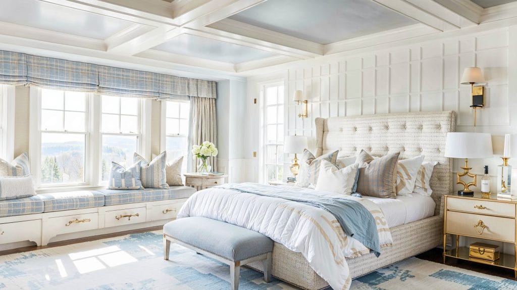 Transitional bedroom with different design styles in accents