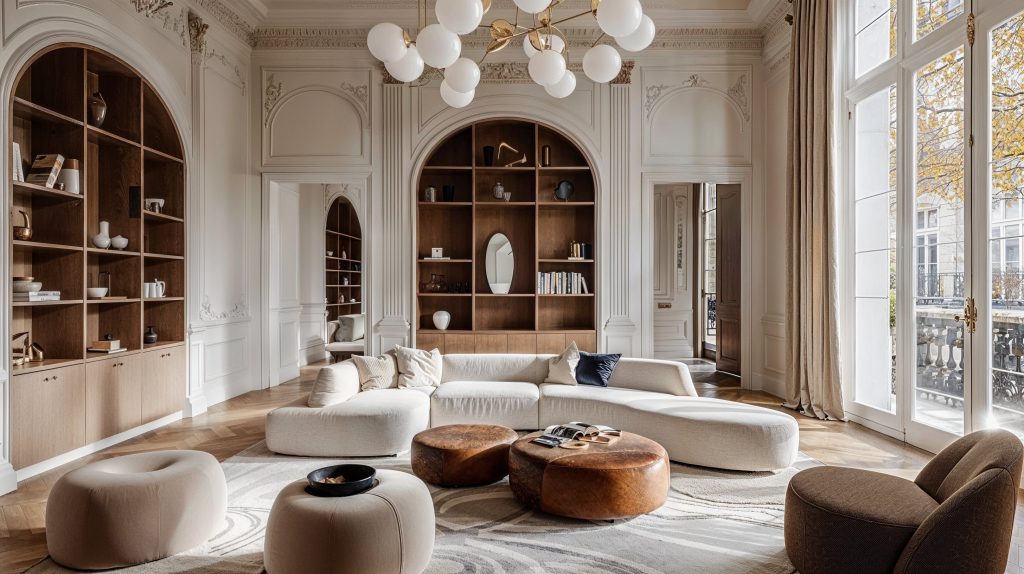 Neutralūs atspalviai ir drąsūs akcentai šiame moderniame klasikiniame Decorilla svetainės interjere