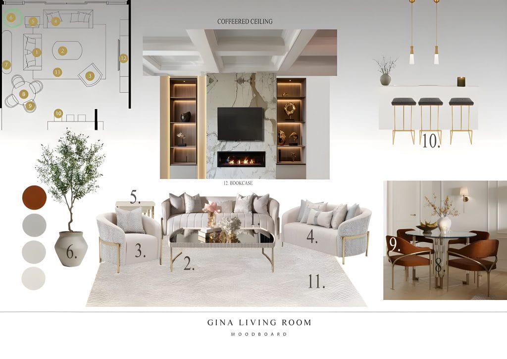 Decorilla vs Modsy concept board for a contemporary glam living room