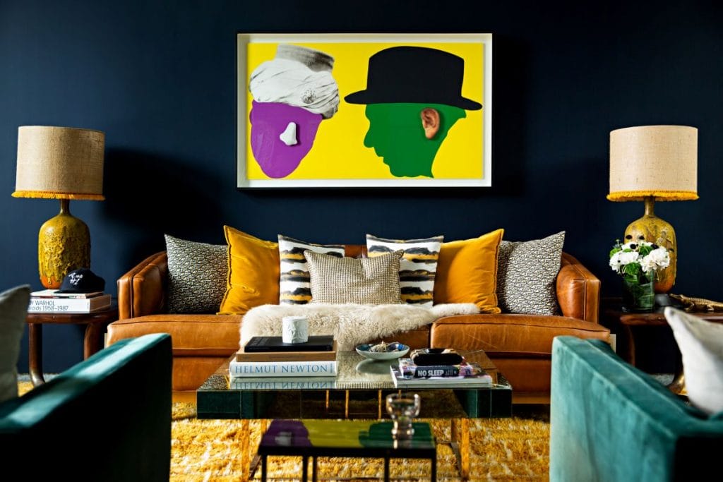 Bold and colorful eclectic interior design with metallic accents, by Decorilla designer, Peti L.