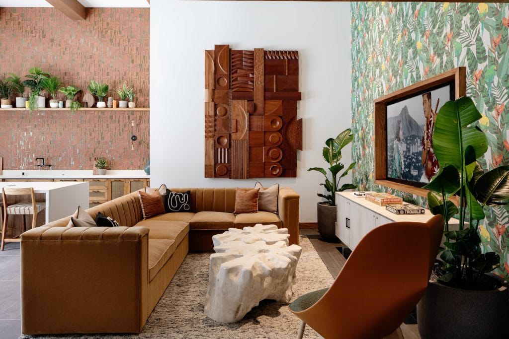 Eclectic modern biophilic open plan living room by Decorilla designer, Sarah O.