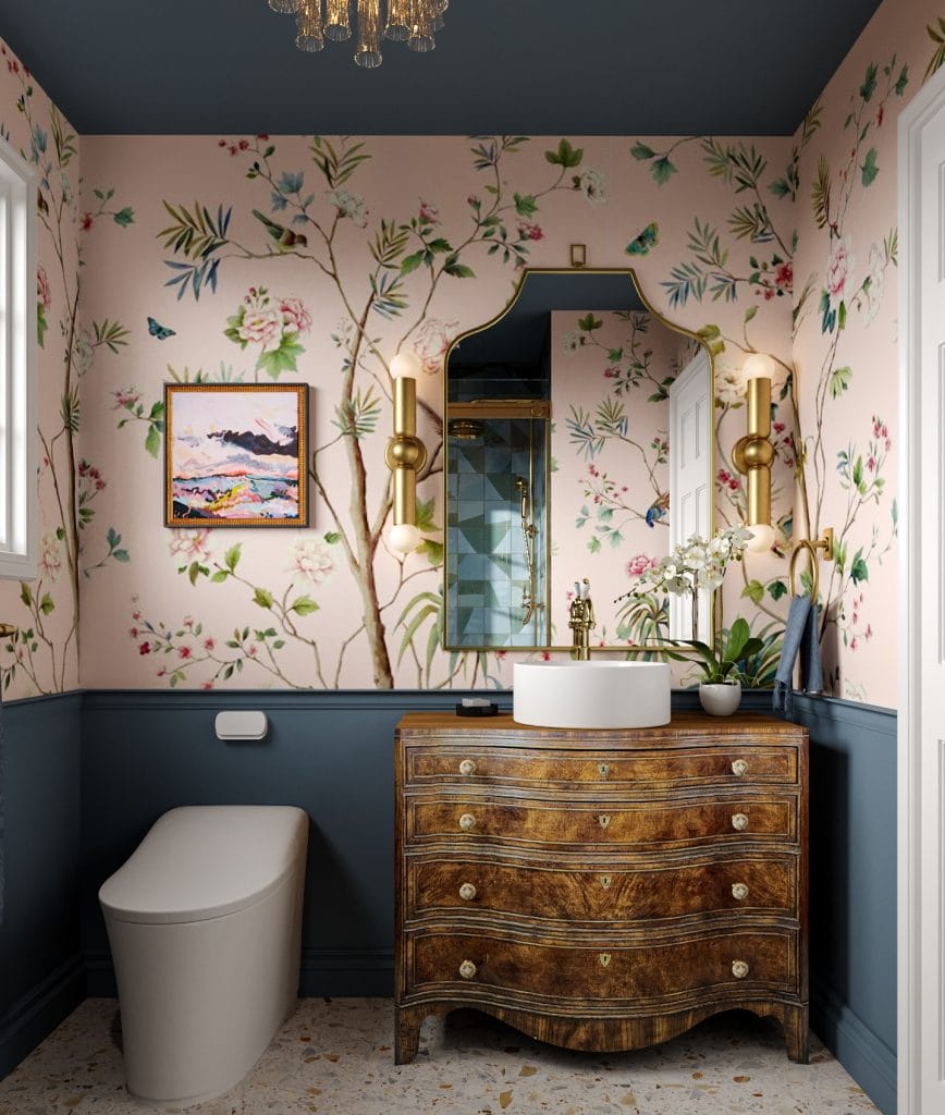 Eclectic bathroom with blue ceiling paint ideas by Decorilla designer, Ibrahim H. 
