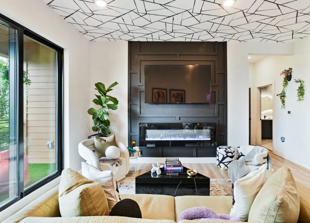 Wallpaper ceiling in a living room design by Decorilla designer Marve M