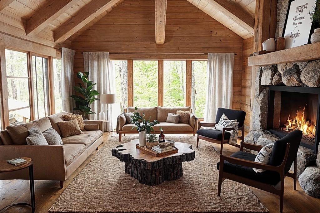 Before & After: Cozy Log Cabin Living Room - Decorilla Online Interior ...