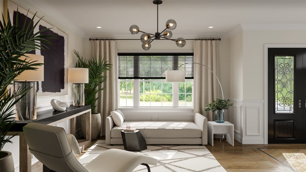 A refined mix of classic and modern elements in a living room corner by Decorilla designer, Erika F.